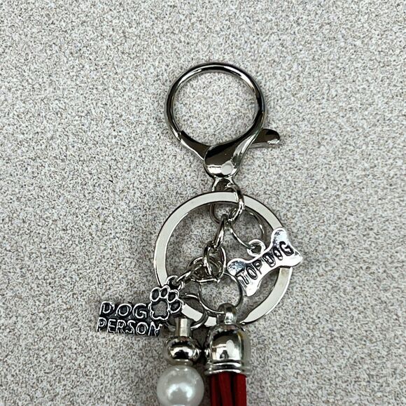 DOG PERSON Bag Charm Keychain Multi Faux Pearl Suede Tassel Bone Paw Pendant - Picture 8 of 11